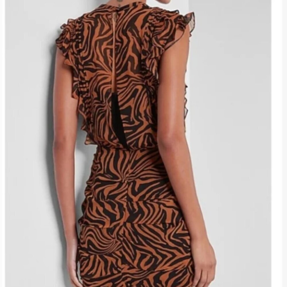 NWT Express Black and Brown Chiffon Zebra Print Mini Dress Size Small